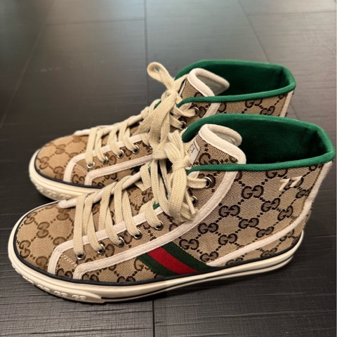 GUCCI /古馳 棕色帆布老花高幫板鞋 38碼