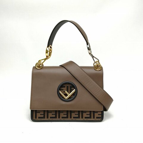 FENDI KANI金標Logo中號棕色牛皮金扣肩背包