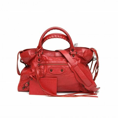 BALENCIAGA CLASSICCITY機車包中號紅色羊皮黑扣肩背包