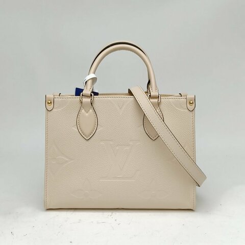 LOUIS VUITTON Onthego小號25米杏色牛皮金扣晶片老花壓紋肩背包