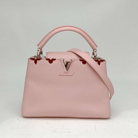 LOUIS VUITTON CapucinesBB粉色牛皮銀扣晶片肩背包