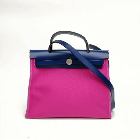 HERMES Herbag31玉蘭粉帆布/牛皮Y刻銀扣肩背包