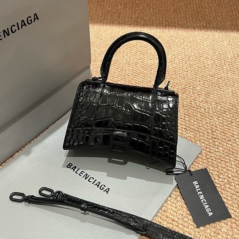 Balenciaga/巴黎世家 黑色鰐魚壓紋牛皮黑扣沙漏包手提包斜挎包