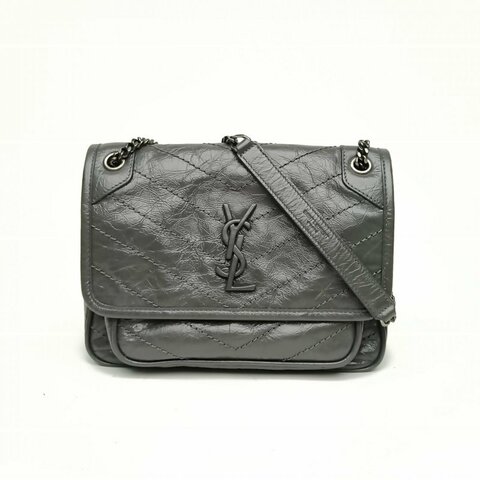 SAINT LAURENT NIKIBABY褶皺絎縫鏈條包MINID扣灰色牛皮肩背包