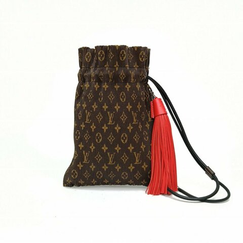 LOUIS VUITTON 老花PVC2016秀款褶皺福袋紅色流蘇肩背包