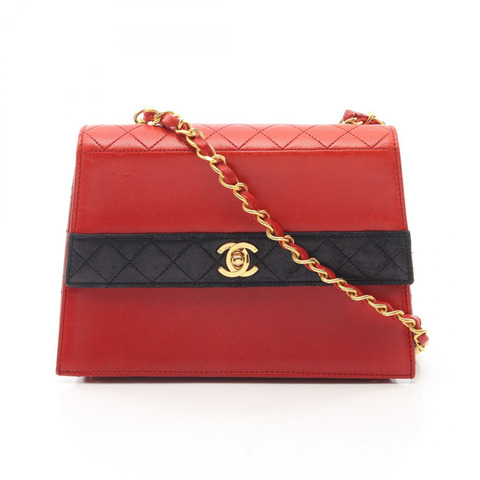 香奈兒 (CHANEL) 絎縫鏈條單肩包，羊皮材質，紅色/黑色，二手，女士款，金色五金