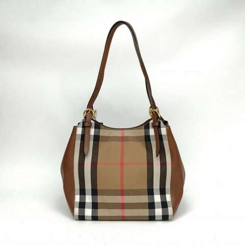 Burberry 棕色牛皮帆布金扣格紋水桶單肩購物袋肩背包
