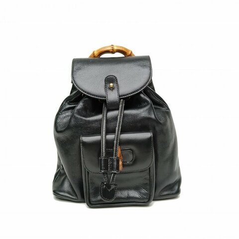 GUCCI 黑色牛皮中古mini竹節雙肩包肩背包