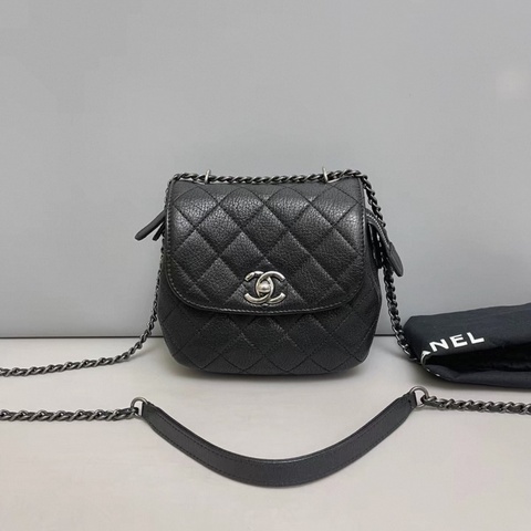 Chanel香奈兒 黑銀荔枝紋三層單肩斜挎包