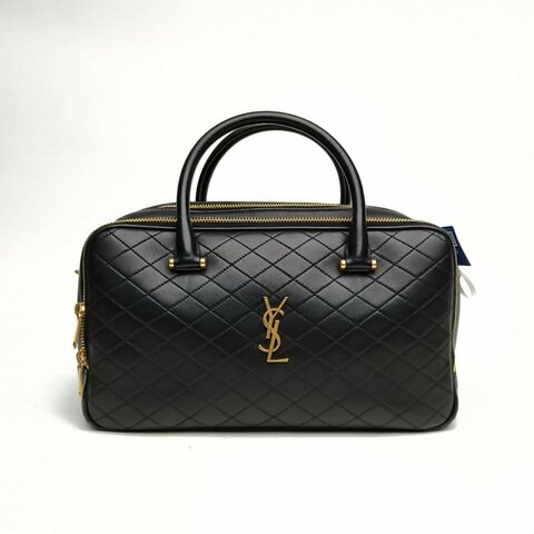 SAINT LAURENT 黑色牛皮金扣絎縫CASSANDRE拉鏈保齡球肩背包
