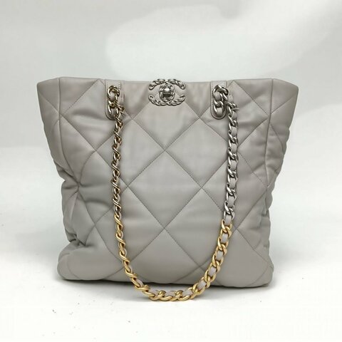 CHANEL 19BAGTote托特包灰色羊皮晶片菱格紋晶片肩背包