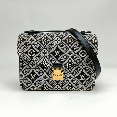 LOUIS VUITTON 黑色帆布丹寧郵差包黑白刺繡肩背包
