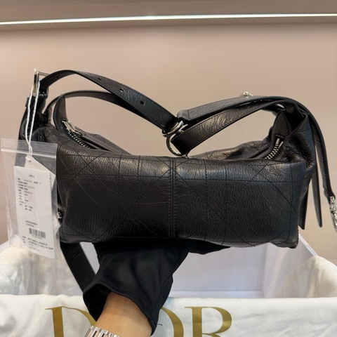 DIOR 迪奧 D-Journey飯盒包 黑銀 牛皮油蠟皮 藤格紋緝面線拉鍊開合 手提包單肩包 小號