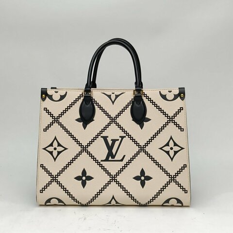 LOUIS VUITTON 拼色牛皮金扣晶片Onthego中號刺繡壓紋軟粒面肩背包