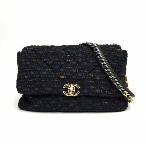 CHANEL 19BAG口蓋包Maxi黑色毛呢30開金銀扣肩背包
