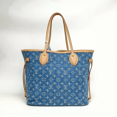 LOUIS VUITTON Neverfull中號丹寧托特包牛仔藍金扣老花晶片肩背包