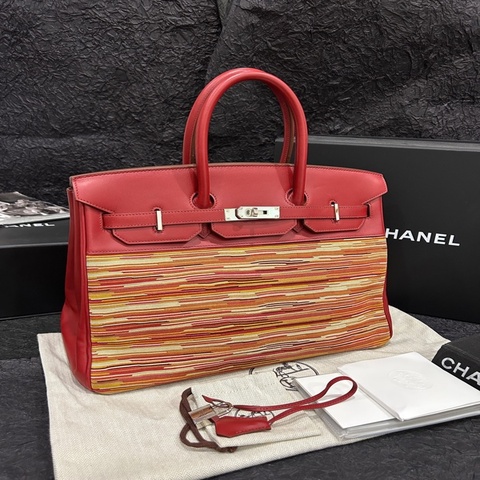 愛馬仕/Hermes 紅色銀扣 bk 35 birkin35羊切皮拼box皮