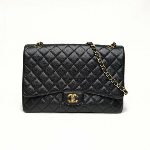 CHANEL CF口蓋包單蓋MAXI黑色荔枝牛皮13開金扣肩背包