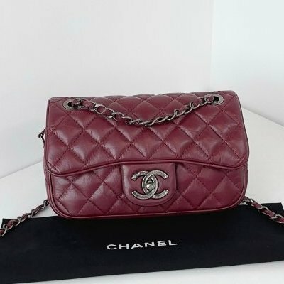 近新品 香奈兒/Chanel Easy Coco大mini 勃第艮紅小牛皮 複古銀扣 鏈條包