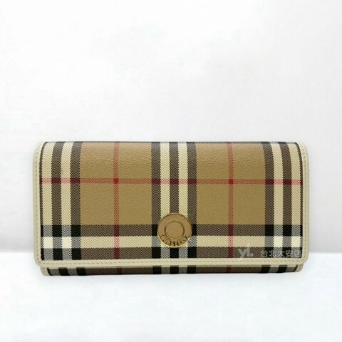 A13376-BURBERRY 經典格紋白色牛皮飾邊金釦下蓋長夾81251381