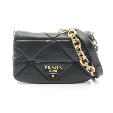 PRADA 黑色皮革女士絎縫鏈條單肩包，二手，金色五金配件，帶品牌標誌