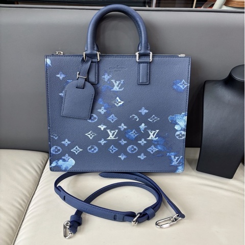 【近新閒置品】Louis Vuitton 深藍色水墨全皮Sac plat zippe琴譜包手提單肩斜背包 芯片款