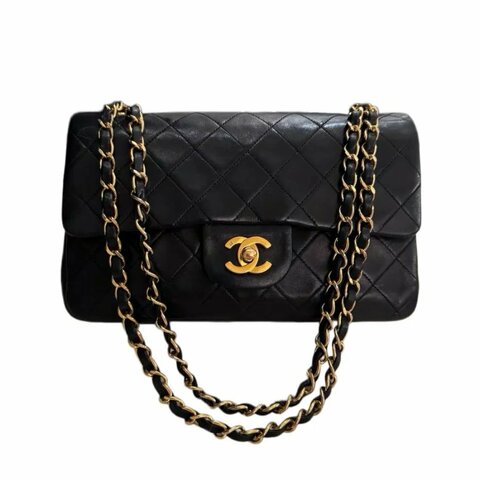 Chanel黑金香奈兒菱格紋雙C扣鏈條包