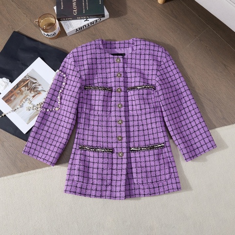 CHANEL 2022紫格紋圓領tweed外套