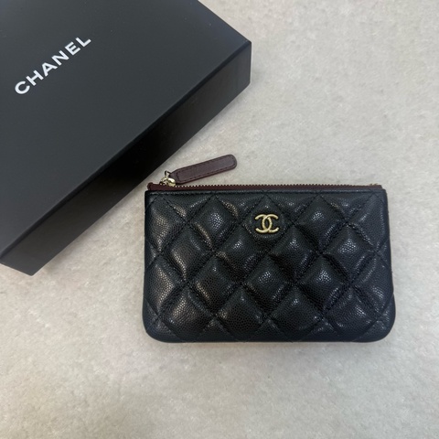 Chanel黑色立荔枝皮一字拉鏈卡片零錢包