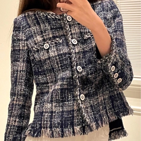 【氣質貴婦穿搭必備🧥原價20萬台幣‼️】Chanel香奈兒藍色格紋粗花呢短外套 34碼