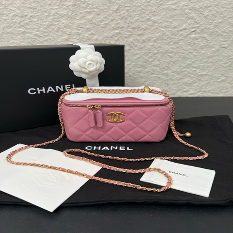 Chanel香奈兒24C 粉色牛皮雙金珠長盒子鏈條包 99新