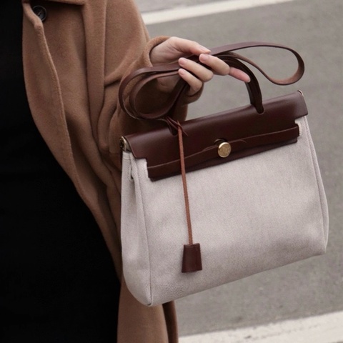 愛馬仕Herbag31 米白拼深棕帆布包手提包斜挎包肩背包 通勤百搭金扣