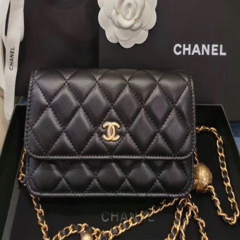 「JL精品代購」極新 Chanel香奈兒23C黑金羊皮金球WOC芯片款