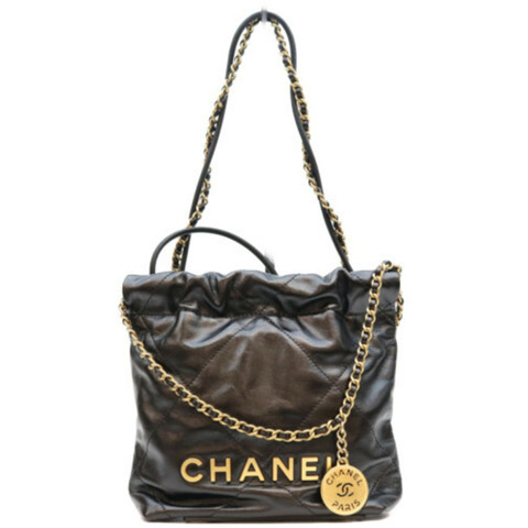 香奈兒 AS3980 黑色 Chanel 22 迷你亮面小牛皮鏈單肩包 金色五金配件 女士