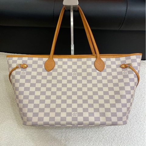 Louis Vuitton 路易威登 白棋盤格Neverfull中號手提單肩子母購物袋 尺寸：31*28*14 配件子袋 單包