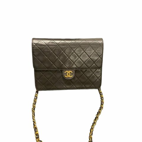 Chanel香奈兒黑金菱格紋雙C logo鏈條包
