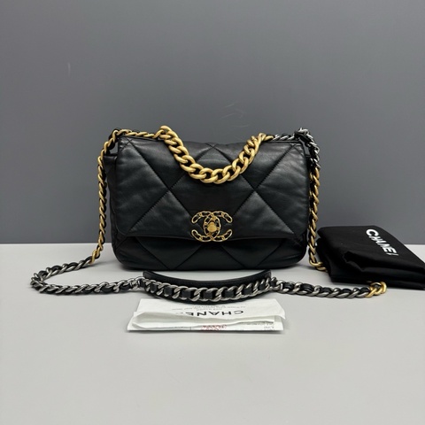 Chanel香奈兒 黑金全皮小號19bag鏈條包 芯片款 97新