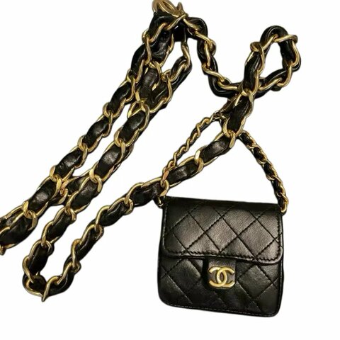 Chanel香奈兒黑金菱格紋雙c logo鏈條腰包掛包腰鏈