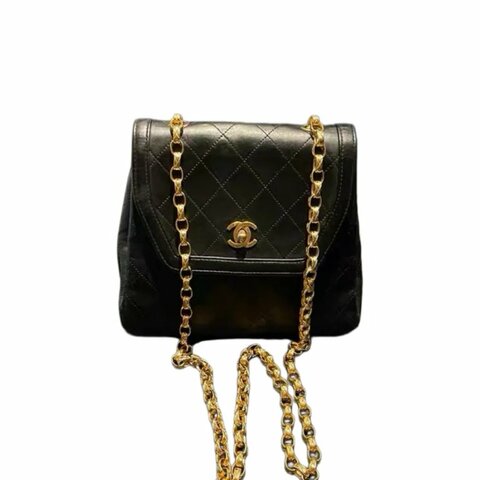 Chanel香奈兒黑金菱格紋雙C扣雕花鏈條包