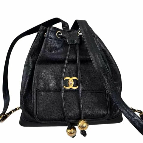 Chanel香奈兒黑金魚子醬雙C扣金球雙肩包