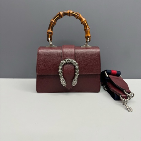 Gucci古馳 酒紅色全皮鑽扣竹節酒神手提斜挎包