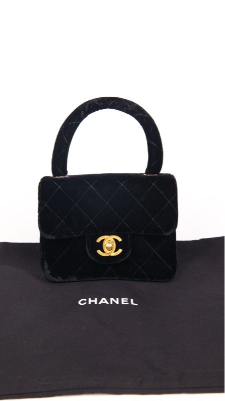 Chanel 2开黑金丝绒书包扣mini kelly手提包