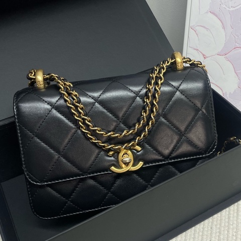 Chanel/香奈兒黑金雙金球鏈條單肩斜挎手提包 芯片款。