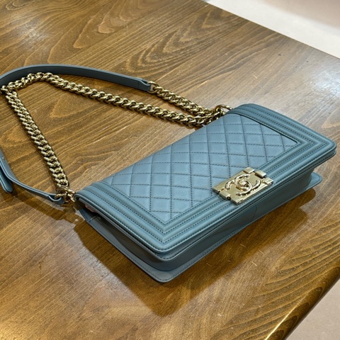 香奈兒chanel Le Boy 25 藍灰色 淡金鍊