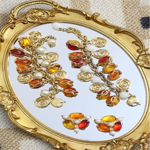 YSL彩色琉璃素金手链耳夹套装