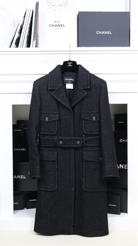 Chanel 13年做旧黑色羊毛收腰四口袋大衣外套