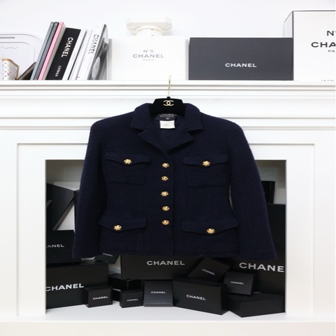 Chanel 96年海军蓝单色毛呢四口袋琉璃扣外套