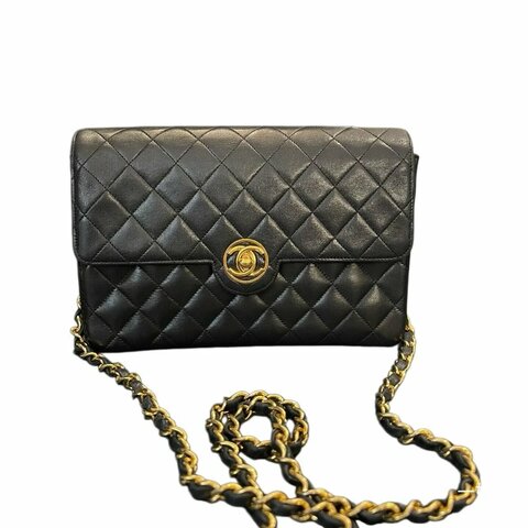 Chanel香奈兒黑金菱格紋圓環雙C扣鏈條包