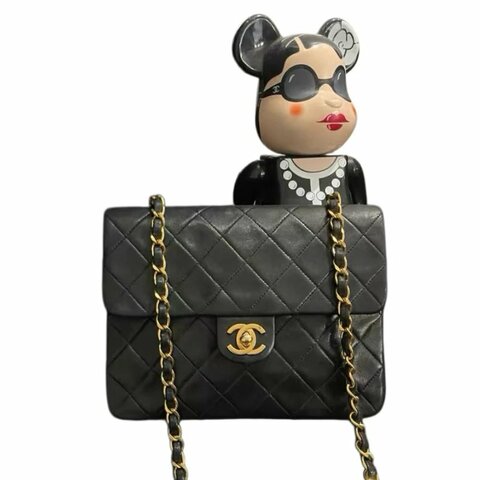 Chanel香奈兒黑金菱格紋雙C扣方胖子鏈條包