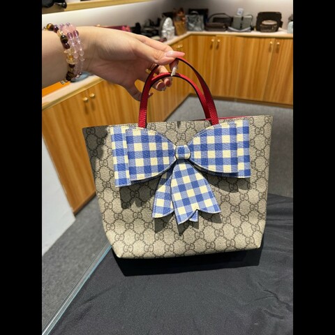 Gucci/古馳vintage中古兒童系列藍格蝴蝶結經典老花托特